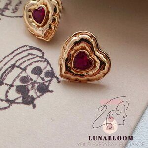 S925 Sterling Silver 18K Gold-Plated Ruby Heart Earrings
